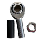 Heavy Duty Bulletproof Male Rod Ends Five Eighth Inch 5-18 Thread Left Hand Self Aligning Steel Heim Joints With Slick Chrome Finish And Beefy Copper Rings For Car Suspension Linkages Two Pack, showing one rod end with rubber sleeve and nut.