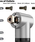 3 sizes of collets for the 350W Right Angle Die Grinder Offering Variable Speed Up To 15000 RPM for carving, grinding, polishing.