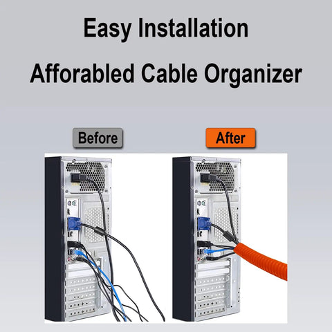Before and after using Durable HDPE Non-Split Corrugated Wire Loom Tubing In Red 1 Inch Diameter By 100 Feet for cable organization.