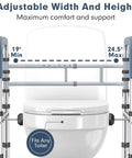 Heavy Duty Toilet Safety Rail With Reinforced Wheel Support Frame And Anti Slip Locking Feet Built Tough For Seniors To Sit And Stand Dead Steady At Home Supports Up To 350 Pounds Without A Single Wobble with adjustable height settings next to a toilet.