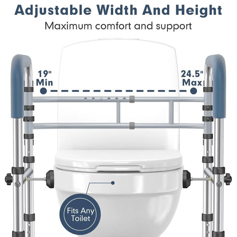 Heavy Duty Toilet Safety Rail With Reinforced Wheel Support Frame And Anti Slip Locking Feet Built Tough For Seniors To Sit And Stand Dead Steady At Home Supports Up To 350 Pounds Without A Single Wobble with adjustable height settings next to a toilet.