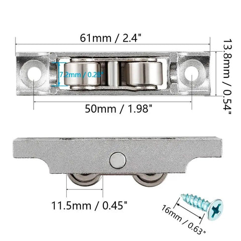 Premium Heavy Duty Window Rollers And Sliding Door Pulleys With U Groove Double Wheel Slick Electroplated Zinc Alloy Build close-up showing dimensions and design.