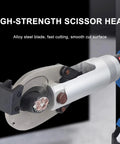 Close-up of Pro Grade Electric Hydraulic Cable Cutter Kit cutting cable, showing high-strength scissor head and alloy steel blade.