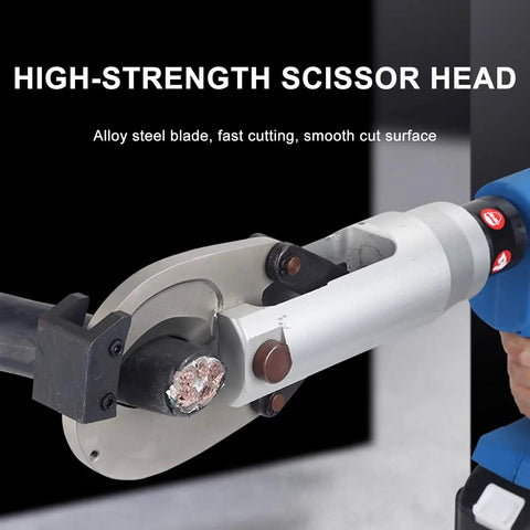 Alloy Steel Cable Cutter Electric Hydraulic Cutting Tool slicing through metal wire, showing durable construction and scissor head.