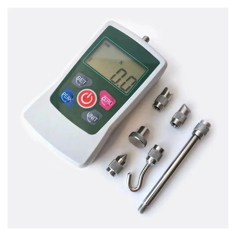 Digital Force Gauge Push Pull Meter With Straight Shot Accuracy And Easy Toggle Modes For Kickin Field Testing Across Newton Kilogram Pound And Ounce Units In A Compact Green Portable Housing, display and accessories.