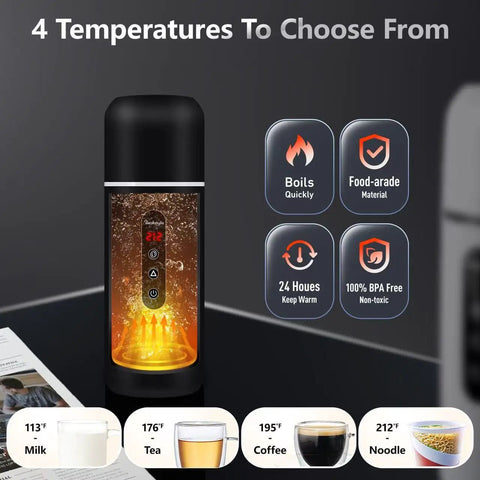 On The Go 12V/24V Car Travel Kettle With 420ml Capacity, Magnetic Stirring, Mini Electric Water Heater for Tea Coffee Milk