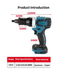 Brushless Electric Rivet Gun Kit With Rechargeable Battery, Automatic Riveting Tool, dimensions 220mm x 43mm, blue handle