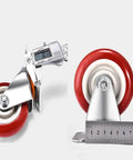 Heavy Duty Polyurethane Caster Wheels With Secure Brakes For Hassle Free Furniture Sliding On Wood Floors Or Carpet Butter Smooth Rolling Office Chair And Cart Mounting Plates Four Pack close-up with measuring tool showing size.