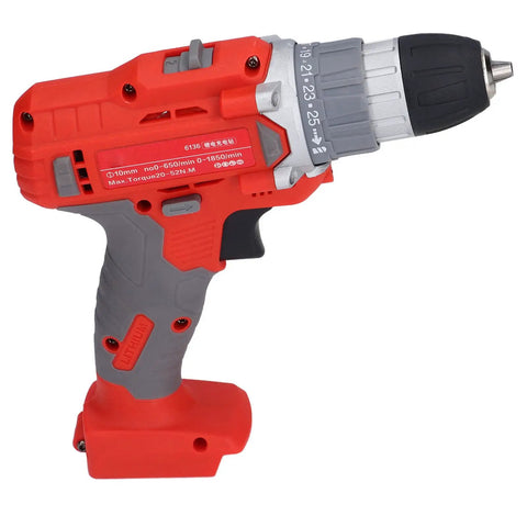 All Day Hassle Free Cordless Drill Driver With Dual Mode Switch Twenty Five Position Clutch High Torque Two Speed Gearbox Easy Grip Power Tool For Home Projects Knocking Out Tasks And Nipping Stubborn Bolts side view of ergonomic cordless drill with gray grip