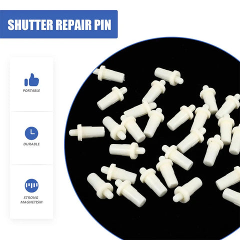 Forty Piece Spring Loaded Shutter Repair Pins Telescope Window Louver Replacement Kit Built Like A Tank Plastic Slider Cleats on black background.