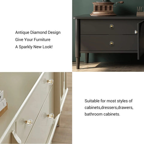 Sharp Round Cabinet Knobs 12 Pack 1 1 4 Inch Bright Crystal Glass Brushed Brass Handles For Drawers Dressers Closets And Cupboards, two styles displayed on cabinets.