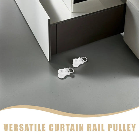 30 Pcs Heavy Duty Double Wheel Curtain Track Rollers Providing A Slam Dunk Upgrade With Durable Alloy Plastic Build And Silent Glide For Foolproof Room Refresh, two white pulleys on floor near furniture.