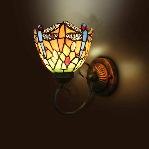 Dragonfly Stained Glass Tiffany Style Wall Lights Two Pack With LED E26 Bulbs Included, Easy Install Sconce Lighting for Bedroom