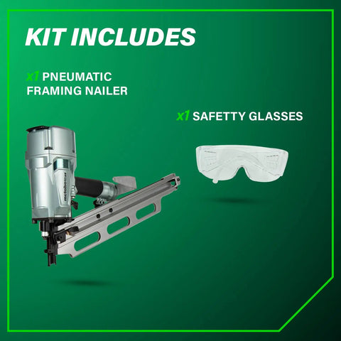 Top Shelf Pneumatic Framing Nailer With Smooth Operator Depth Tweaks And Heavy Duty Aluminum Magazine For Snag Free Shooting Of 21 Degree Collated Nails Up To 3 1/4 Inches Long Built Sick Tough kit including nailer and safety glasses.
