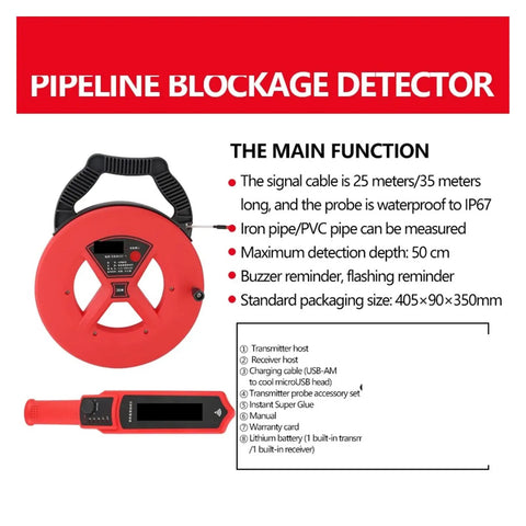 Nifty Pipe Blockage Detector And Rugged Wall Scanner For Plumbers with signal cable, waterproof probe, and handheld unit.