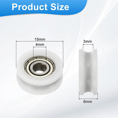Heavy Duty Nylon U Groove Roller Bearings 4X15X6MM Pack showing dimensions of 15mm and 6mm for sliding door applications.