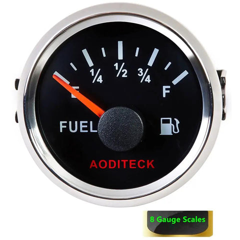Top Notch Black 240-33 Ohm Marine Fuel Gauge With Bright Backlight for Boat Car Truck And SUV Diesel Gas Ride Sleek Looks Heavy Duty Replacement Smooth Level Meter displayed on black dial with needle pointing to fuel level.