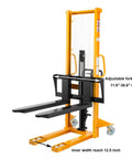 Shop Floor Ready Manual Pallet Stacker Built Like A Legit Workhorse To Move 1100 Pound Loads Up To Sixty Three Inches High with adjustable fork width.