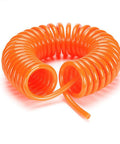 No Sweat TPU Coiled Air Hose With Snap Fit Quick Connector And Robust Dual Seals For Absolutely Zero Air Leakage, orange coiled design.