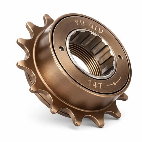 Single Speed Freewheel 14T Sprocket Gear For Mountain Road And Folding Bikes in bronze, side view.