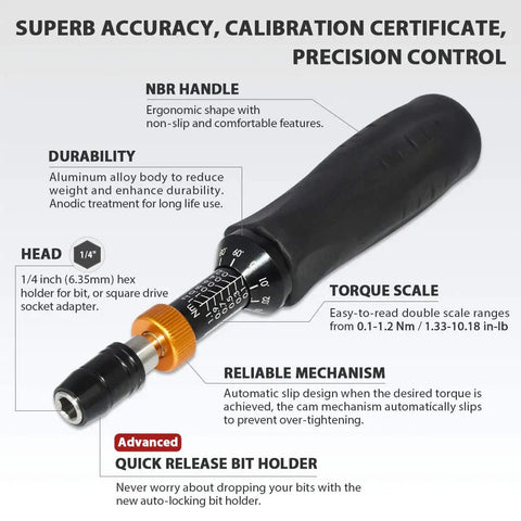 Close-up of Pro Grade Precision Calibrated Torque Limiting Screwdriver Set with ergonomic handle and torque scale.