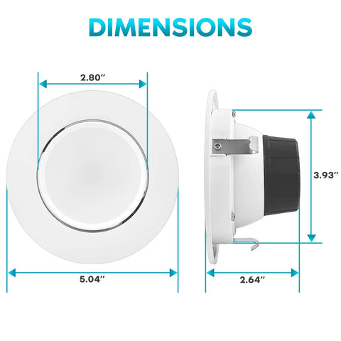 4 Inch Gimbal LED Recessed Can Lights dimensions shown from front and side view with measurements in inches.