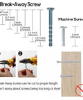 Break-Away screws visual guide showing lengths and cutting instructions for proper use with machine screws.