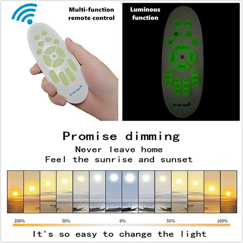 Remote control for 35 Inch Remote Dimmable LED Ceiling Light Fixture For Bedroom Living Room And Kitchen, showing dimming capabilities.