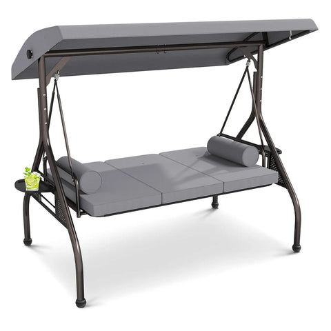 Gray Three Seat Outdoor Porch Swing Chair With Adjustable Canopy Two In One Convertible Backrest Into Bed Thick Cushions