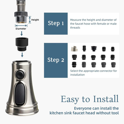 Easy install guide for Universal Replacement Kitchen Faucet Head with 15 Adapters, Brushed Nickel, diagram with connectors.