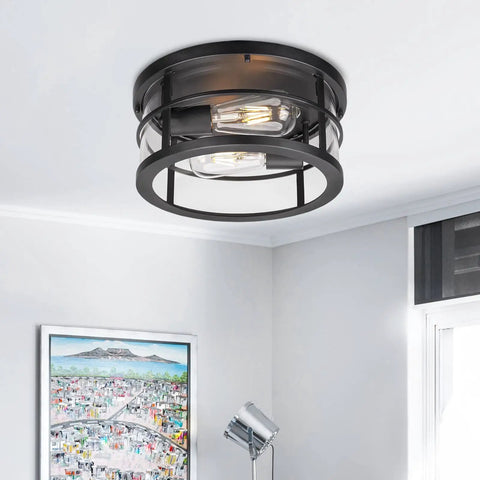 Industrial Flush Mount Ceiling Light With Seeded Glass Shade For Hallway Entryway Kitchen Living Room Bright 2 Light E26 Fixture In Black Metal Finish Durable And Easy To Clean Homes installed indoors