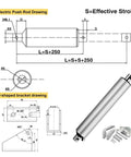 Badass Electric Linear Actuator DC 12 Volt With 1200 Newton Thrust And 900 mm Stroke design drawing with measurements and U-shaped bracket.