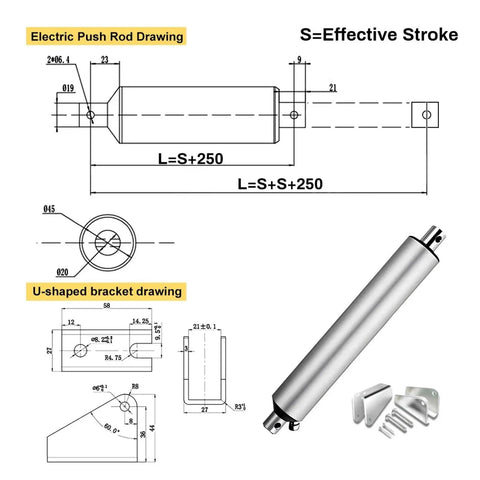 Badass Electric Linear Actuator DC 12 Volt With 1200 Newton Thrust And 900 mm Stroke design drawing with measurements and U-shaped bracket.