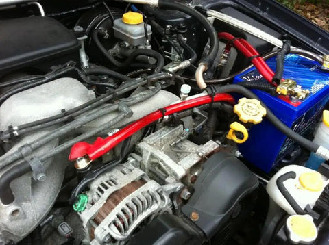 Heavy Duty Oxygen Free Copper Big Three Electrical Upgrade Kit Featuring Slick Snakeskin Braided Cables installed in engine bay.