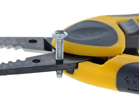 Close-up of Kinetic Reflex T-Stripper 45-915 Wire Stripper for 10-20 AWG, yellow handle, gripping screw for precise cutting.
