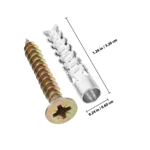Close-up of 40 Pack Drywall Anchor Screw Kit For Hollow And Wood Walls with dimensions shown, featuring steel anchor and screw.