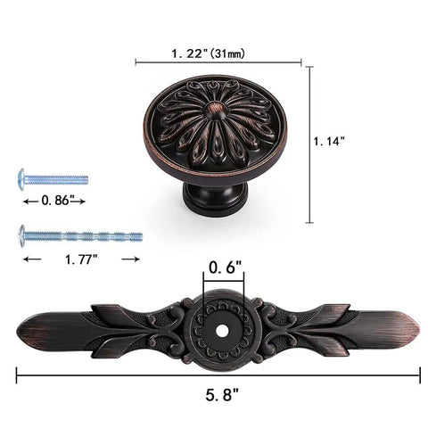 10 Pack Oil Rubbed Bronze Cabinet Knobs With Matching Backplates Heavy Duty Zinc Alloy Flower Hardware For Kitchen And Bedroom Drawers That Gonna Freshen Up Your Space Real Quick showing dimensions and details of knobs and backplates.