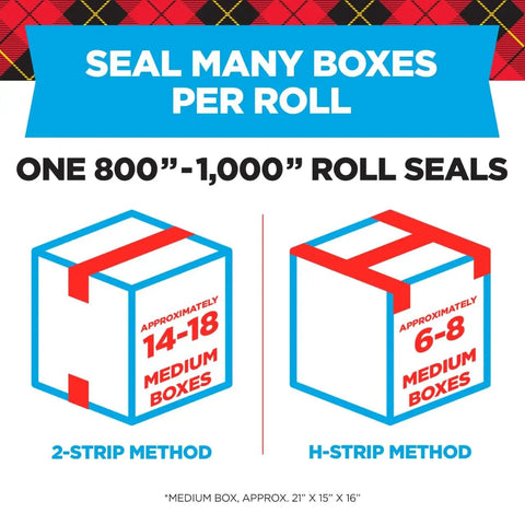 Heavy Duty Clear Packing Tape Six Roll Pack With Smart Dispenser diagram showing sealing methods for 14-18 and 6-8 medium boxes.