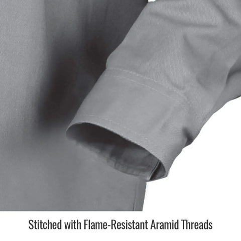 Detail of sleeve from Super Durable Flame Resistant Work Shirt In Large Gray Size Rugged Fr Cotton For Tough Jobs Meets Nfpa 2112 And 70E
