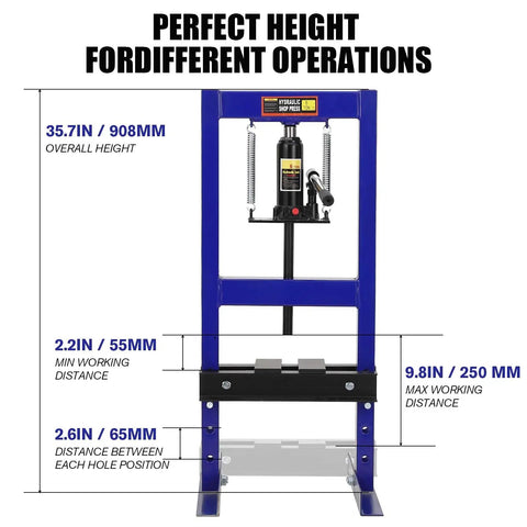 6 Ton H Frame Shop Hydraulic Press With Two Press Plates Heavy Duty Garage Ready Auto Repair Machine Adjustable Height Blue