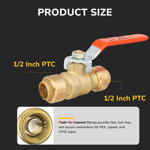 Half Inch Push To Connect Ball Valve Solid Brass Plumbing Shutoff For Pex And Cpvc Tubing Tool Free Quick Click Install smooth flow control close-up view.