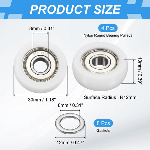Heavy Duty Nylon Guide Pulley Roller Kit Featuring Double Metal Sealed Ball Bearings Includes Four White Idler Wheels With Stainless Spacers For Smooth Sliding Doors Gym Gear And Furniture Tracks That Glide Like Butter. Product size details with dimensions for wheels and gaskets.