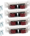 Premium 4 Piece 15 Point 8 Millimeter Wide Nylon Double Pulleys With Heavy Duty Steel Housing That Slides Like Butter For Sliding Doors Windows Cabinets And Drawer Rails with red wheels and screws.