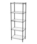 5 Tier Heavy Duty Wire Shelving Rack With Raised Edges And Oil Resistant Baked Finish Fully Adjustable Pantry Storage Organizer in black with white shelves.