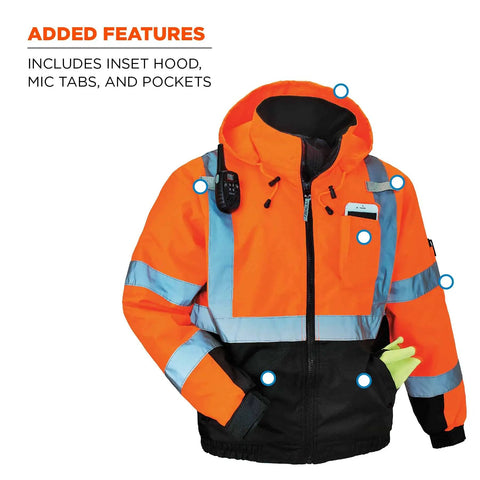 Hi Vis Class 3 Bomber Jacket Quilted Orange XX Large US Weatherproof Wind and Water Resistant With 160g Insulation shown with hood and pockets