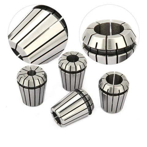 Rock Solid Er32 Balance Collet Chuck Set Made With Heavy Duty Manganese Steel For Mad Precision Cnc Milling And Lathe Work Built Tough To Grind All Day Without Breaking A Sweat 8 Piece Kit display of five manganese steel collets for CNC machining.