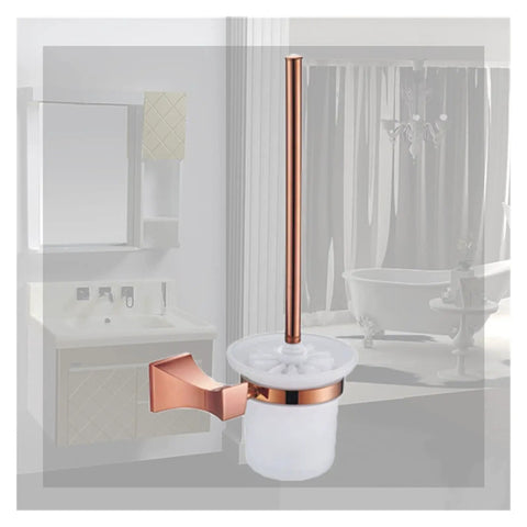 Pro Grade Wall Mounted Toilet Brush Holder With Glass Accent Cup For Modern Baths with bronze handle and glass cup.