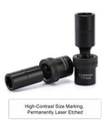 Ten Piece One Half Inch Drive Deep Universal Impact Socket Set Metric Ten Through Nineteen Millimeter With 360 Degree Flex Head Chrome Molybdenum Steel Construction Black Oxide Finish Fully Ready For Tough Torque with high-contrast size marking, permanently laser etched.