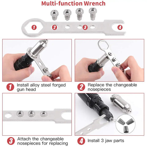 Professional Rivet Gun Adapter Kit With Flex Head And 210 Pcs Assorted M3 M4 M5 Aluminum Pop Rivets Includes Wrench And Clamping Fixture For Bulldog Tough Sheetmetal And Industrial Ductwork Projects, showing multi-function wrench and changing nozzles.