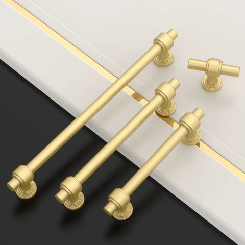 10 Pack 10 Inch Brushed Gold Cabinet Handles Built like a Truck Heavy Duty Bar Pulls for Kitchen Drawers displayed on a surface.